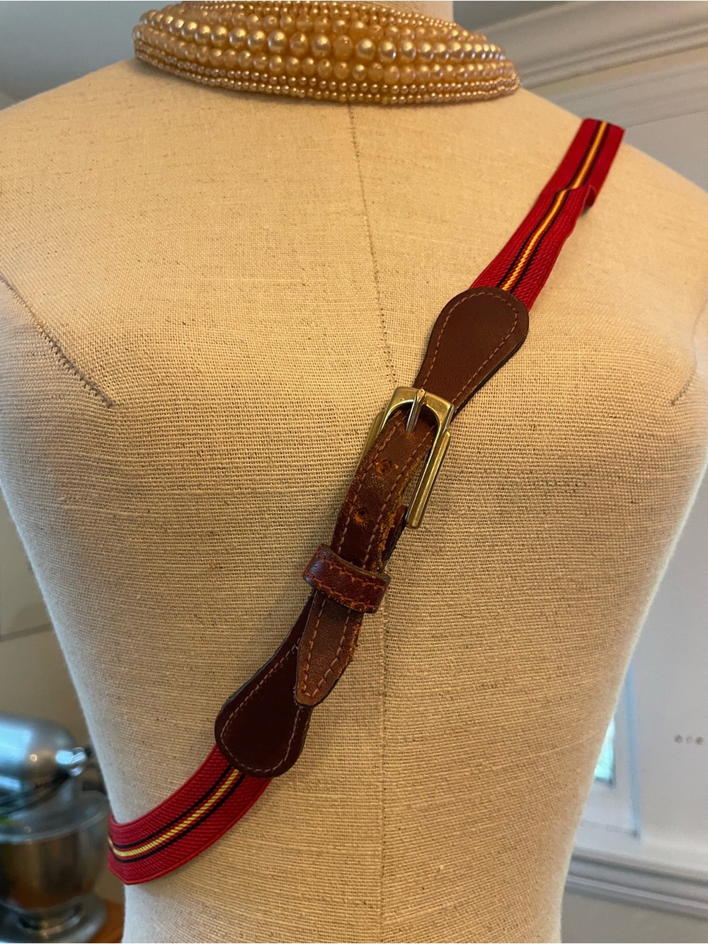 Vintage Red Striped Adjustable Crossbody Strap with Brown Leather Trim